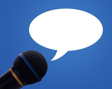 Communication and announcement concept, microphone and bubble on blue background