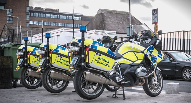 Dublin, Ireland - February 12, 2019: Irish Highway Police Motorcycle parked in downtown on a winter day