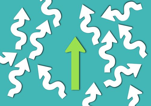 Business alignment concept, strategy and planning, green and white arrow on blue background