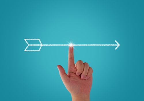 Business alignment concept, strategy and planning, hand and arrow on blue background