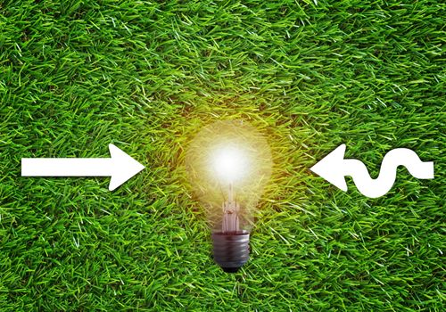 Business alignment concept, strategy and planning, light bulb and arrow on green grass background
