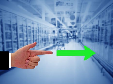 Business alignment concept, strategy and planning, hand and arrow on blue background