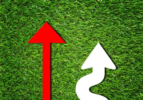 Business alignment concept, strategy and planning, red and white arrow on green grass background