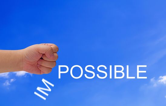 Business challenge, finding solution, resolve problem concept, hand and impossible text on blue sky background