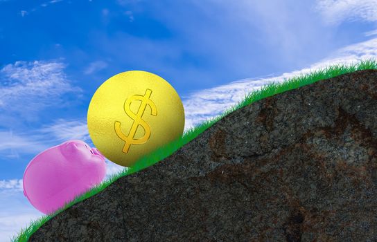 Challenge concept, pink pig and gold coin on mountain background