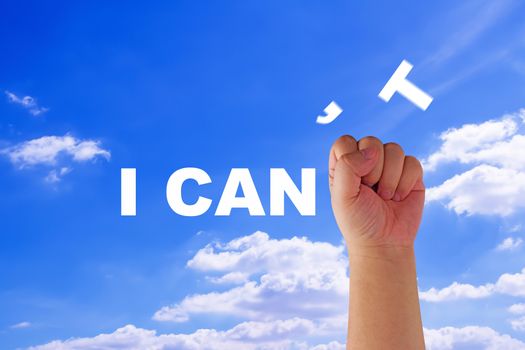 Business challenge, finding solution, resolve problem concept, hand and I can, I can't text on blue sky background
