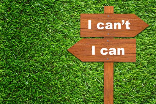 Business challenge, finding solution, resolve problem concept, wooden sign and I can, I can't text on green grass background