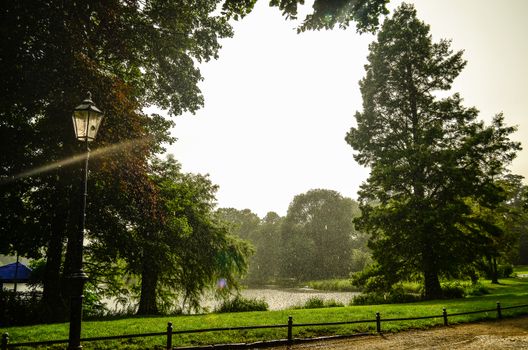park with a beautiful lake under heavy rain in central Berlin, Germany
