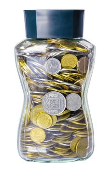 Many Ukrainian kopeks, hryvnia cents, in a glass jar. Isolated on white background
