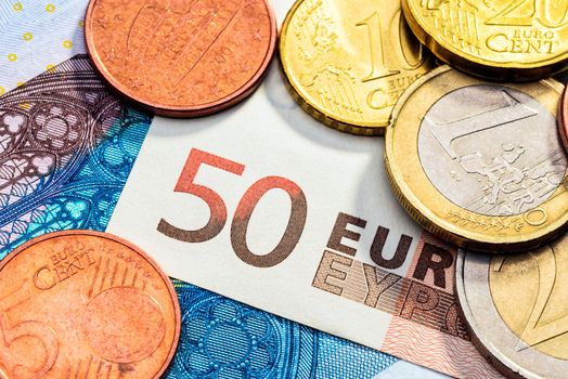 Macro of Euro coins and banknotes