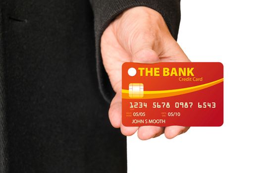 A man holding a credit card in his hand, and showing it
