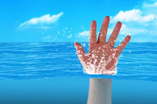 Business solution, problem concept, hand in the blue sea background