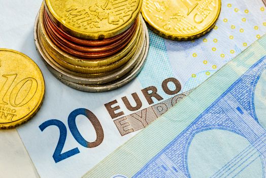 Macro of Euro coins and banknotes