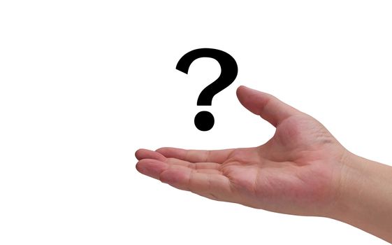 Business solution, problem concept, hand and question on white background