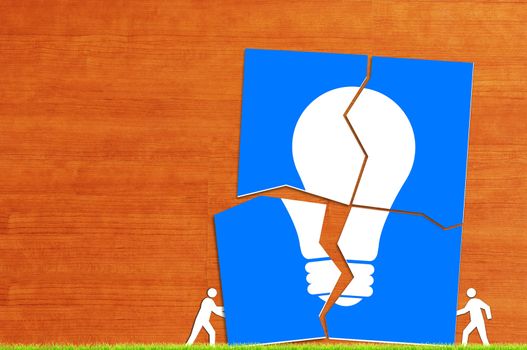 Business solution, problem concept, lightbulb on wood background with copy space