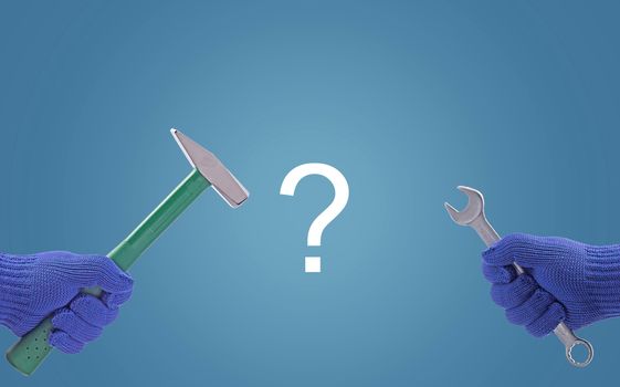 Business solution, solving problem, strategy and planning concept, hammer and question on blue background