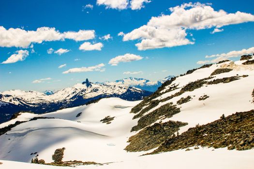 Blackcomb mountain peak panorama view cloudy sky summer time. Blackcomb mountain peak panorama view cloudy sky summer time.