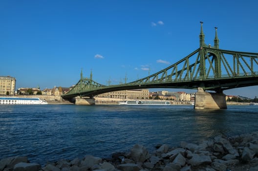 Liberty Bridge in Budapest, Hungary. Danube River