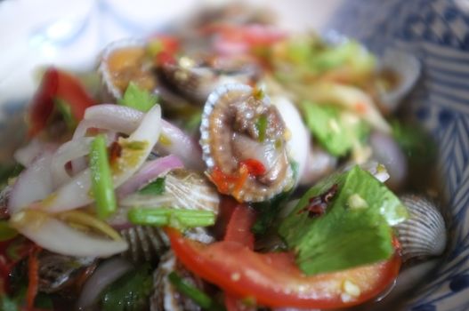 CLOSE UP view , Cockles salad / Hot and spicy shellfish blood cockles salad mix vegetable tomato herb and spices , thai style food