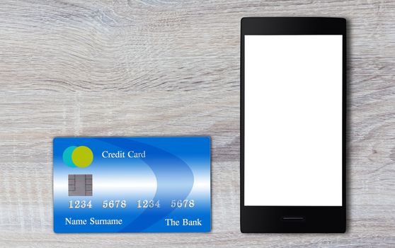 Credit card and smart phone on wood background, online payment, electronic commerce financial concept  