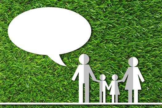 Communication and ecology concept, family life community and bubble chat on green grass background
