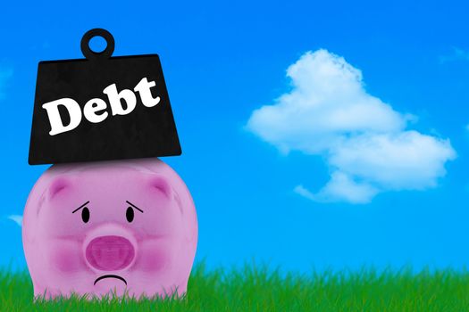 Debt concept, financial crisis, piggy bank on blue sky background
