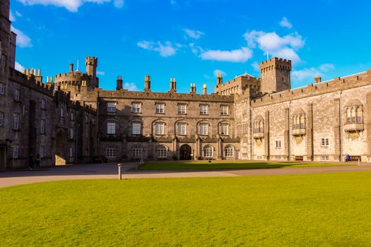 Kilkenny Castle. Historic landmark in the town of Kilkenny in Ireland. Ireland has many castles but this one is well known as a tourist destination spot and offers internal tours and historic lessons. The town of kilkenny is known as the midevil city.
