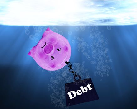 Debt concept, financial crisis, piggy bank drowning