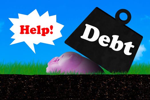 Debt concept, financial crisis, piggy bank on blue sky background