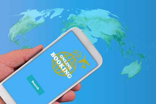 Online booking concept, mobile phone in hand, Elements of this Image Furnished by NASA