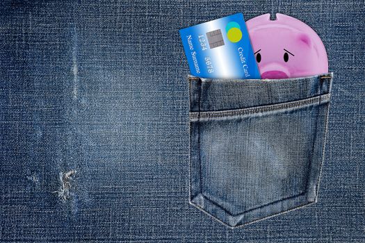 Debt concept, financial crisis background, piggy bank and credit card