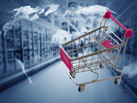 Online shopping concept, business global network, shopping trolley on blue background, Elements of this image furnished by NASA