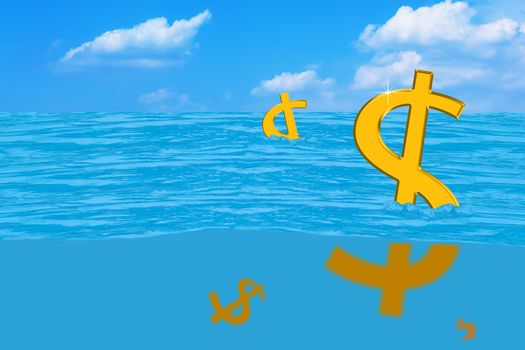 Currency concept, drowning dollar symbol, currency crisis