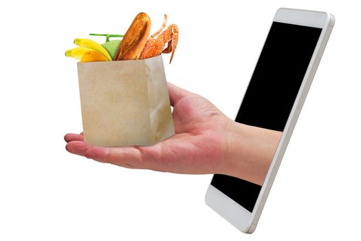 Online shopping concept, isolate mobile phone and hand holding product on white background