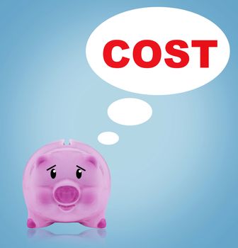 Business financial cost concept, pink piggy bank on blue background