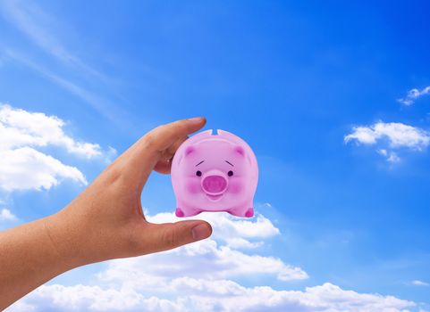 Financial planning concept, money solution, hand and piggy bank 