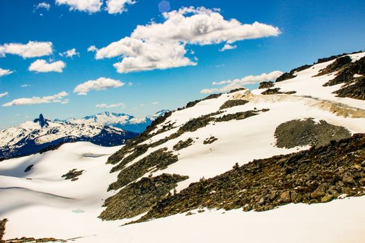 Blackcomb mountain peak panorama view cloudy sky summer time. Blackcomb mountain peak panorama view cloudy sky summer time.