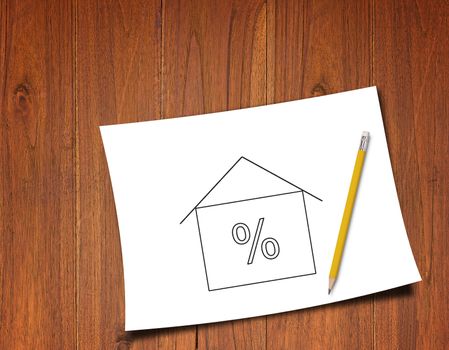 White paper and interest rate symbol on wooden background, business financial  concept