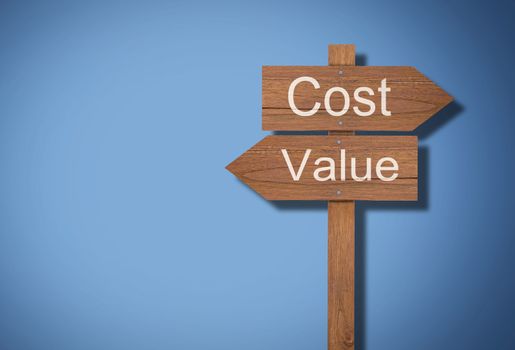 Business financial cost and value concept, wooden sign on blue background