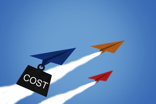 Business financial cost concept, paper plane on blue sky background