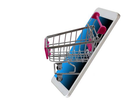 Online shopping concept, mobile phone and shopping trolley on white background