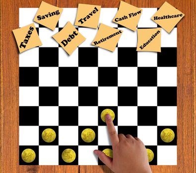 Financial planning and strategy concept, hand and chess board