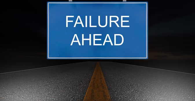 Business failure, problem concept, blue road sign on dark background