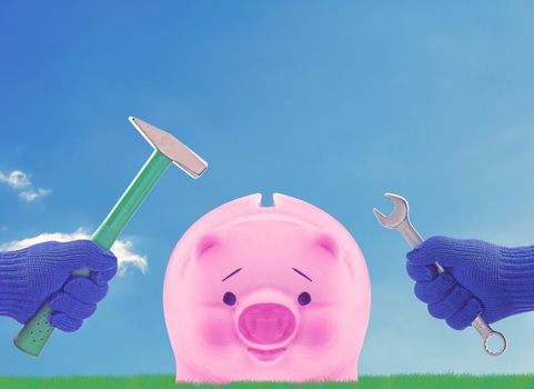 Financial planning concept, money solution, hand and piggy bank 