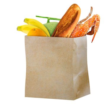 Grocery shopping concept, isolate supermarket retail product in brown paper bag on white background