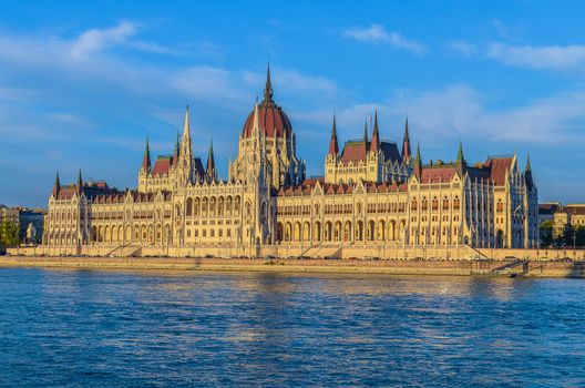 View on the Hungarian Parliament building from the Danube River. Budapest, Hungary