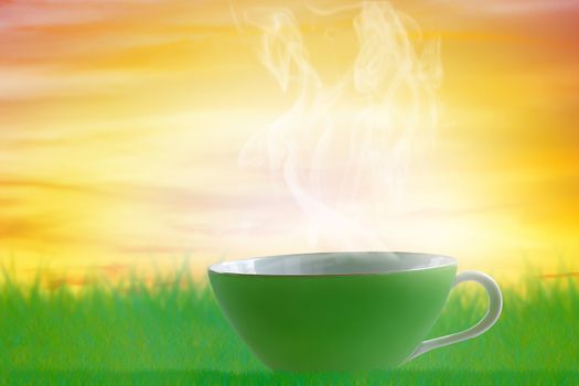 Good morning and wake up concept, cup of hot coffee on sunrise background  