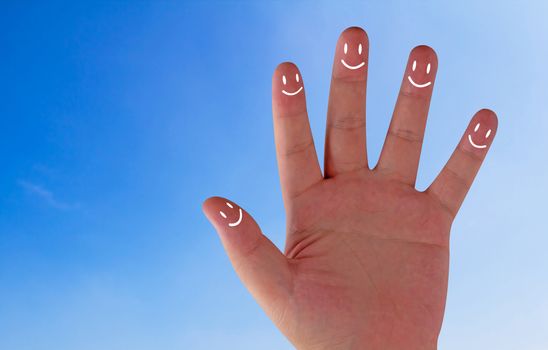 Happiness concept, family hand smile on blue sky background, team relationship