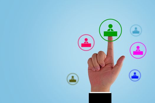 Human resource management, teamwork concept, business recruitment, group of people icon and hand