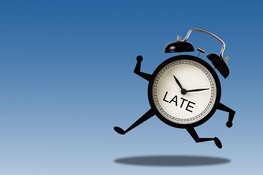 Alarm clock running on blue background, late time concept